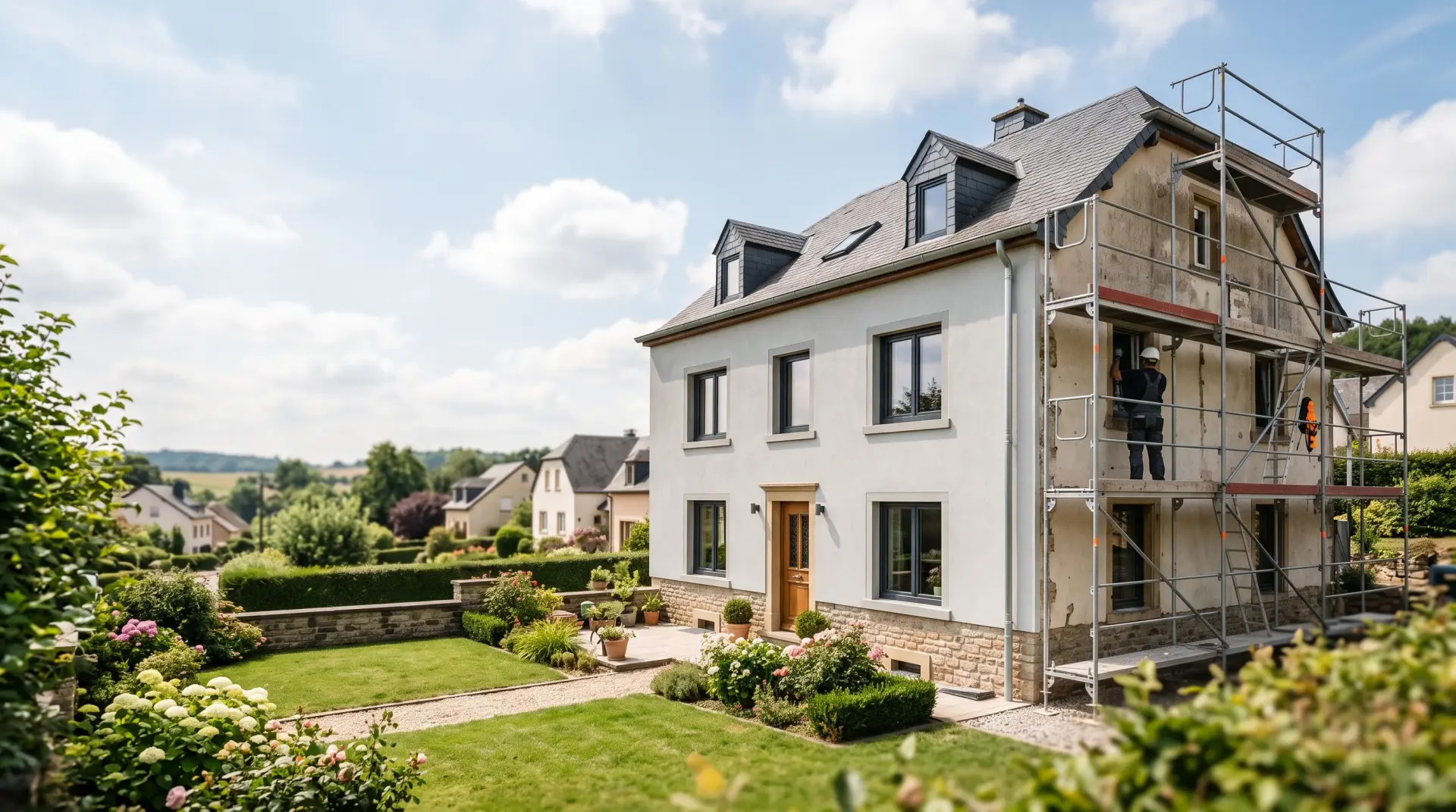 Maison en rénovation au Luxembourg : façade, fenêtres et échafaudage